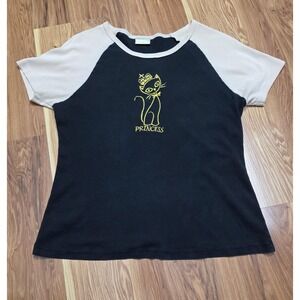 Y2k Baby Ringer Tee Miss Thing‎ Shirt Womens Small Cat Kitty Princess Black Tan